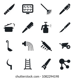 Set of vector isolated black icon - pen vector, rake, ladder, wheelbarrow, watering, saw, sickle, garden sprayer, monitor pulse, scalpel, ladle, rolling pin, knife, steaming pan, social media