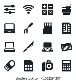 Set of vector isolated black icon - calculator vector, notebook pc, garden fork, barcode, camera, laptop, tuning, sd, sim, wireless, copier, pen, usb flash