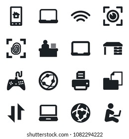 Set of vector isolated black icon - desk vector, notebook pc, printer, folder document, gamepad, network, laptop, data exchange, wireless, manager, fingerprint, home control app, eye scan, man with