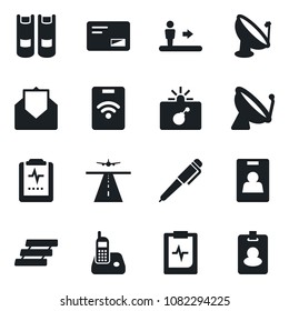 Set of vector isolated black icon - runway vector, satellite antenna, escalator, bomb in case, book, pulse clipboard, radio phone, mail, identity card, paper tray, pen, pass