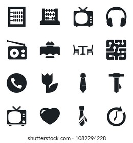 Set of vector isolated black icon - cafe vector, phone, tv, abacus, tie, tulip, radio, headphones, heart, restaurant table, chip, clock