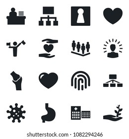 Set of vector isolated black icon - dispatcher vector, female, team, heart, hand, stomach, joint, hospital, virus, fingerprint id, manager desk, shining head, hierarchy, palm sproute