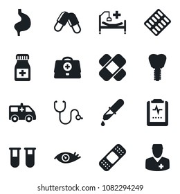 Set of vector isolated black icon - doctor case vector, stethoscope, blood test vial, dropper, pills, bottle, blister, patch, ambulance car, hospital bed, stomach, implant, eye, pulse clipboard