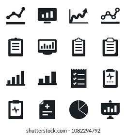 Set of vector isolated black icon - statistic monitor vector, diagnosis, pulse clipboard, statistics, bar graph, pie, checklist, point, growth, presentation