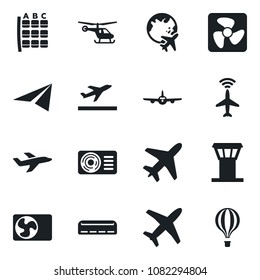 Set of vector isolated black icon - plane vector, airport tower, radar, departure, helicopter, seat map, globe, air conditioner, fan, paper, balloon