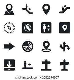 Set of vector isolated black icon - elevator vector, escalator, right arrow, radar, route, signpost, pin, download, place tag, compass, guidepost