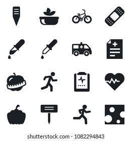 Set of vector isolated black icon - plant label vector, pumpkin, heart pulse, diagnosis, dropper, patch, ambulance car, bike, run, clipboard, diet, salad, cheese