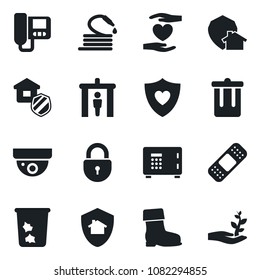 Set of vector isolated black icon - security gate vector, trash bin, safe, lock, boot, hose, patch, heart shield, hand, estate insurance, intercome, home protect, surveillance, palm sproute