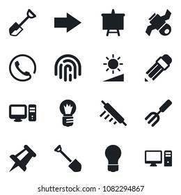 Set of vector isolated black icon - right arrow vector, presentation board, drawing pin, bulb, job, garden fork, shovel, satellite, brightness, fingerprint id, pencil, phone, rolling, pc