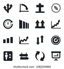 Set of vector isolated black icon - elevator vector, signpost, crisis graph, route, up side sign, sorting, update, data exchange, compass, target, clock, growth, presentation