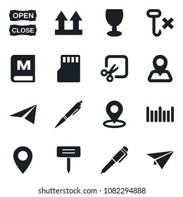 Set of vector isolated black icon - plant label vector, navigation, pin, fragile, up side sign, no hook, barcode, sd, cut, place tag, pen, menu, open close, paper plane