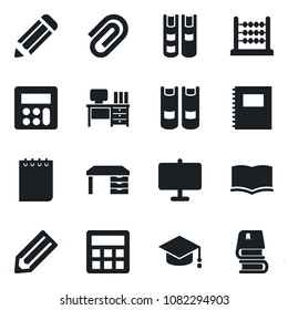 Set of vector isolated black icon - book vector, graduate, desk, notepad, pencil, calculator, copybook, presentation board, paper clip, abacus