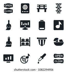 Set of vector isolated black icon - passport vector, luggage storage, pennant, statistic monitor, bench, dropper, traffic light, low battery, themes, music, salad, open close