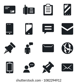 Set of vector isolated black icon - mobile phone vector, speaking man, office, network, cell, speaker, paper pin, mail, message, clipboard