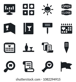 Set of vector isolated black icon - contract vector, statistic monitor, plant label, heart diagnostic, medical calendar, search cargo, application, alcohol, wine card, open close, alarm led, flag