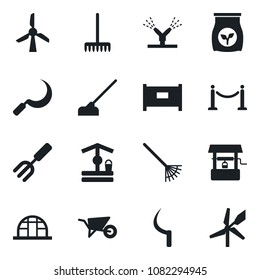 Set of vector isolated black icon - fence vector, garden fork, rake, wheelbarrow, well, hoe, sickle, greenhouse, fertilizer, irrigation, windmill