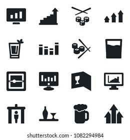 Set of vector isolated black icon - security gate vector, growth statistic, monitor, equalizer, scanner, statistics, alcohol, wine card, drink, phyto bar, beer, sushi, arrow up graph