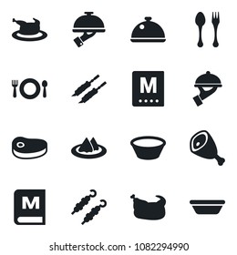 Set of vector isolated black icon - spoon and fork vector, dish, serviette, cafe, menu, waiter, chicken, steak, kebab, ham, bowl