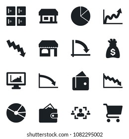 Set of vector isolated black icon - shop vector, checkroom, money bag, crisis graph, store, monitor statistics, pie, hr, wallet, growth, cart