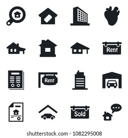 Set of vector isolated black icon - office building vector, house, real heart, contract, with garage, estate document, rent, sold signboard, search, smart home, city, message