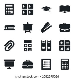 Set of vector isolated black icon - checkroom vector, book, calculator, graduate, presentation board, paper clip, abacus, stapler, case