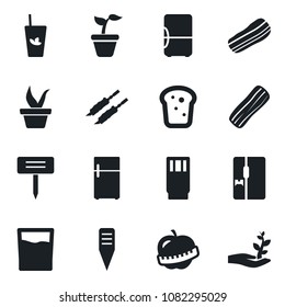 Set of vector isolated black icon - seedling vector, plant label, diet, fridge, drink, phyto bar, bacon, bread, kebab, palm sproute