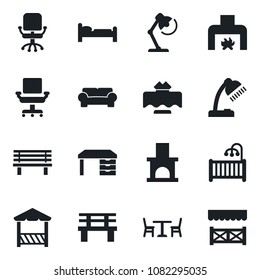 Set of vector isolated black icon - cafe vector, bed, office chair, desk, bench, fireplace, lamp, children room, cushioned furniture, restaurant table, alcove