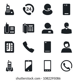 Set of vector isolated black icon - office phone vector, 24 hours, support, cell, radio, mobile, back, call, sim