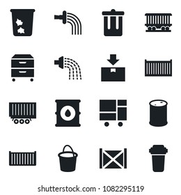 Set of vector isolated black icon - trash bin vector, bucket, watering, railroad, truck trailer, cargo container, consolidated, package, oil barrel, archive box, water filter