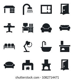 Set of vector isolated black icon - waiting area vector, desk, fireplace, lamp, plan, bathroom, cushioned furniture, restaurant table, door