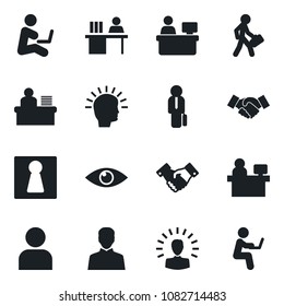 Set of vector isolated black icon - female vector, handshake, manager place, eye, user, desk, shining head, man with notebook