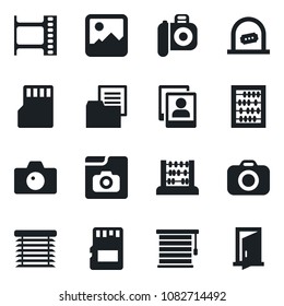 Set of vector isolated black icon - ticket office vector, camera, abacus, folder document, film frame, gallery, sd, photo, jalousie, door