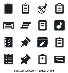 Set of vector isolated black icon - notepad vector, pulse clipboard, paper pin, notes, music, checklist, tray, schedule