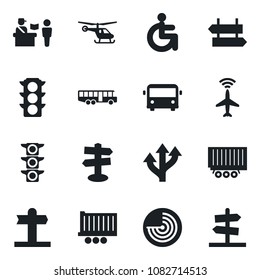 Set of vector isolated black icon - plane radar vector, airport bus, passport control, signpost, helicopter, disabled, route, traffic light, truck trailer, guidepost