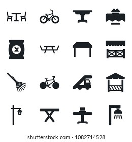 Set of vector isolated black icon - cafe vector, ladder car, rake, garden light, picnic table, fertilizer, bike, restaurant, alcove, outdoor lamp