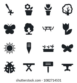 Set of vector isolated black icon - sun vector, flower in pot, tree, butterfly, lady bug, seedling, plant label, picnic table, ripper, tulip