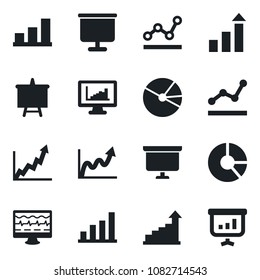 Set of vector isolated black icon - growth statistic vector, presentation board, circle chart, monitor pulse, statistics, bar graph, pie, point
