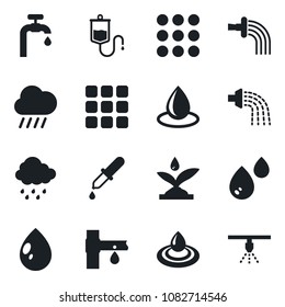 Set of vector isolated black icon - watering vector, water drop, rain, drip irrigation, dropper, menu, supply, sprinkler