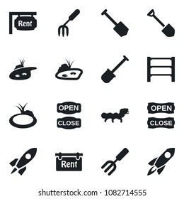 Set of vector isolated black icon - job vector, garden fork, shovel, caterpillar, pond, rack, rent, open close, rocket