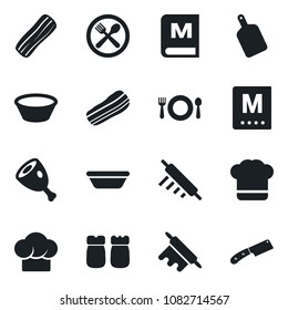 Set of vector isolated black icon - cafe vector, cook hat, menu, bacon, salt and pepper, ham, bowl, rolling pin, cutting board, knife