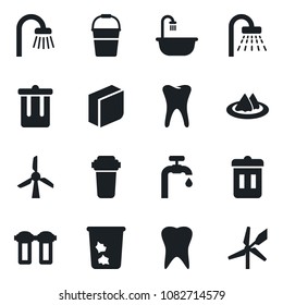 Set of vector isolated black icon - trash bin vector, shower, bucket, tooth, blank box, water supply, bathroom, serviette, filter, windmill