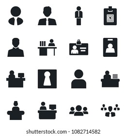 Set of vector isolated black icon - female vector, reception, manager, identity card, place, user, desk, estate agent, group