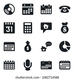 Set of vector isolated black icon - calendar vector, circle chart, microphone, calculator, phone, home message, money bag