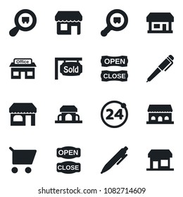 Set of vector isolated black icon - 24 around vector, shop, pen, store, search cargo, sold signboard, cafe building, open close, cart, storefront