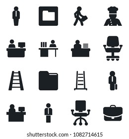 Set of vector isolated black icon - manager vector, place, ladder, folder, desk, cook, office chair, case