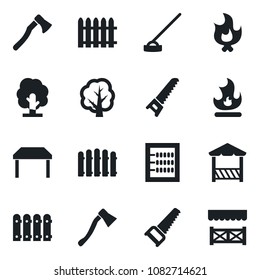 Set of vector isolated black icon - fence vector, tree, saw, fire, hoe, axe, abacus, table, alcove