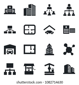 Set of vector isolated black icon - hierarchy vector, well, molecule, hospital, office building, garage, plan