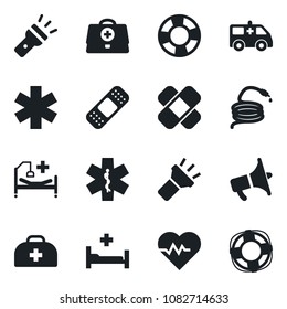 Set of vector isolated black icon - hose vector, heart pulse, doctor case, patch, ambulance star, car, hospital bed, loudspeaker, torch, crisis management