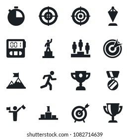 Set of vector isolated black icon - dispatcher vector, pedestal, pennant, medal, run, stopwatch, target, motivation, award cup