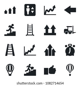 Set of vector isolated black icon - elevator vector, alarm clock, left arrow, fork loader, ladder, up side sign, finger, career, graph, growth, air balloon